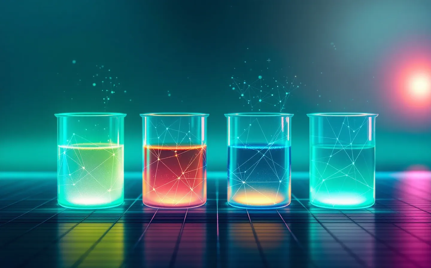 Abstract frosted-glass illustration of four research-peptide sample channels on a teal laboratory bench